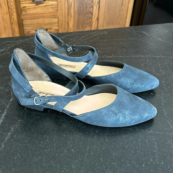 Paul Green Shoes - Paul Green Margot Ankle Strap Pointy Toe Ballet Flats Metallic Ocean Blue US 8